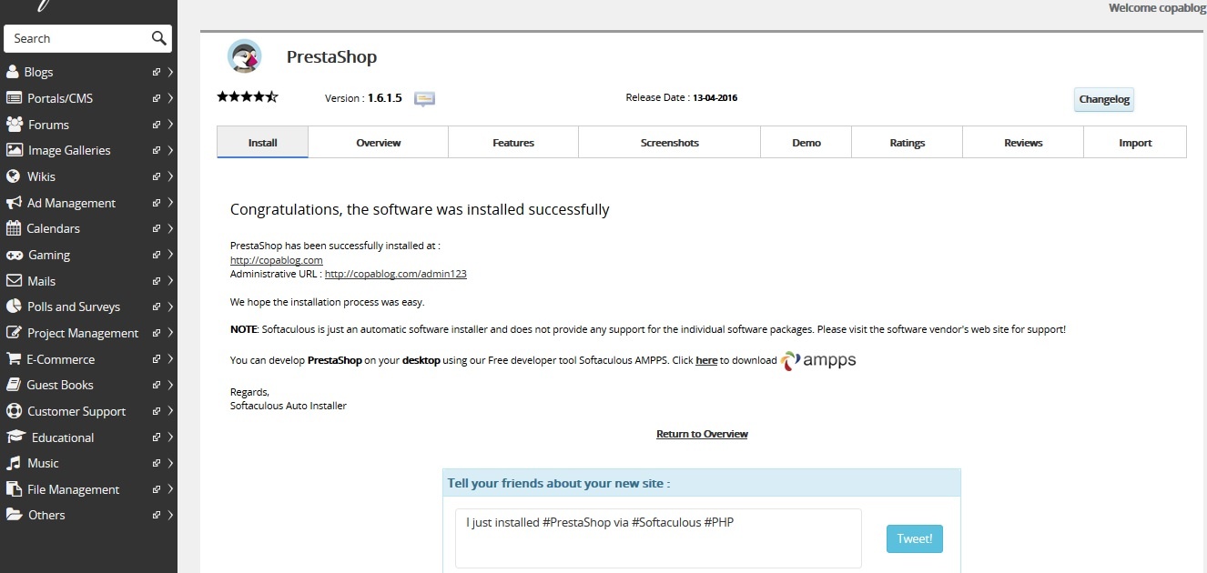 installation completed, access data