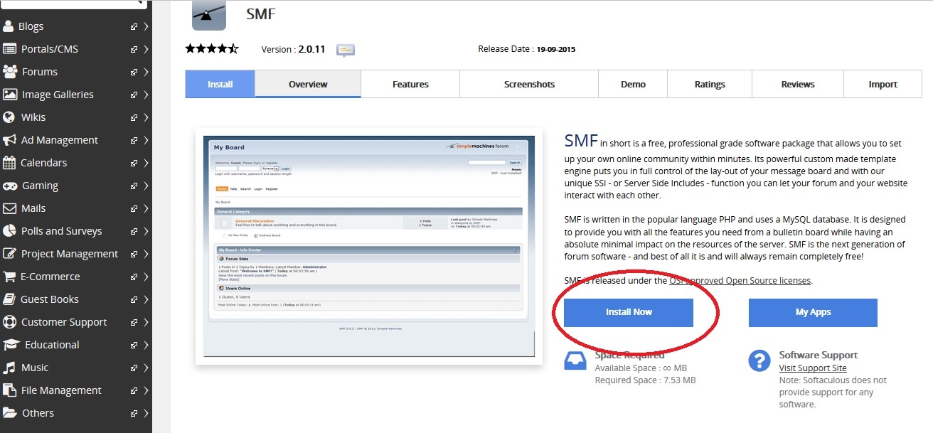 begin softaculous install simple machines forum smf