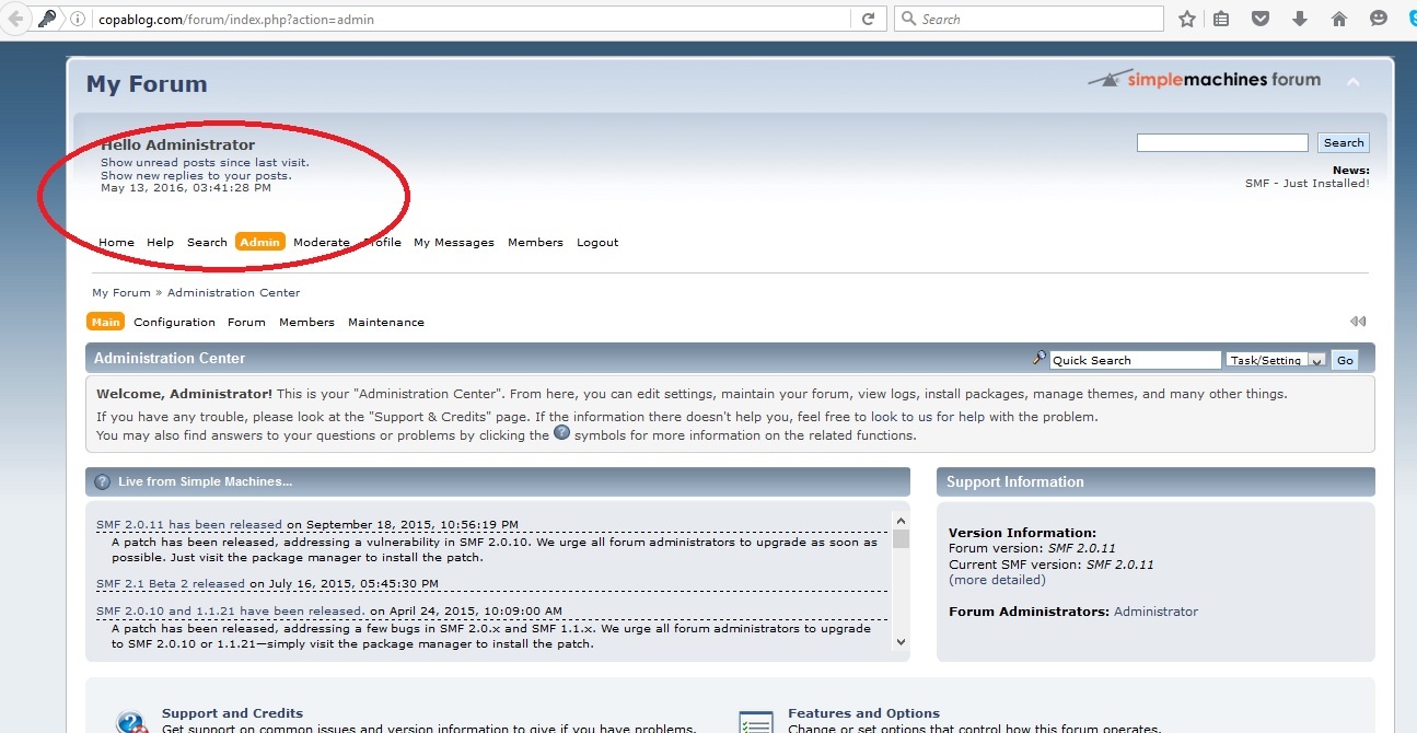 simple machines forum install administrator