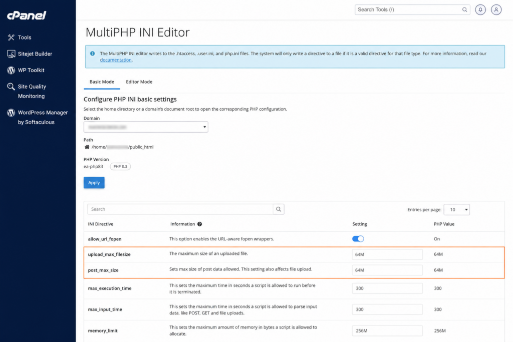 Editing upload_max_filesize in the cPanel MultiPHP INI Editor