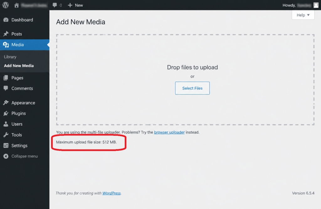 Increased maximum upload file size in WordPress after the fix