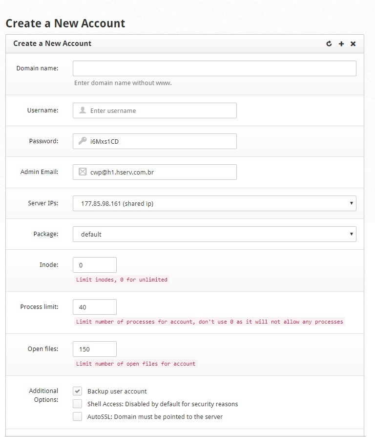 centos web panel create account