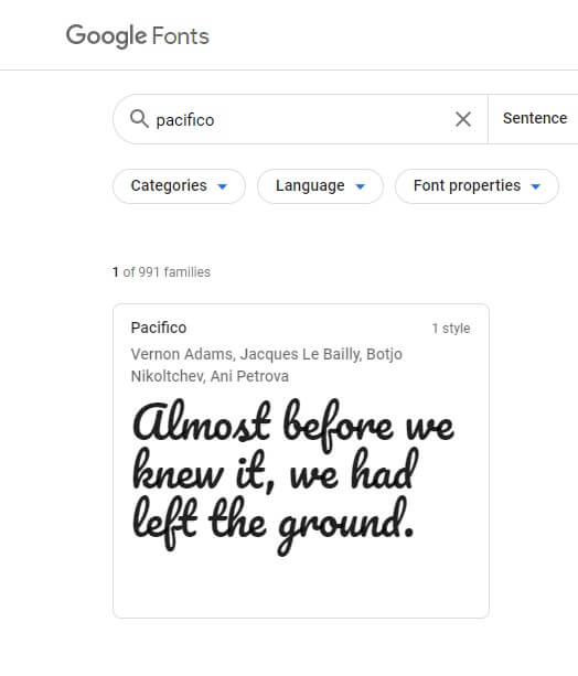 Search for Pacifico in Google Fonts