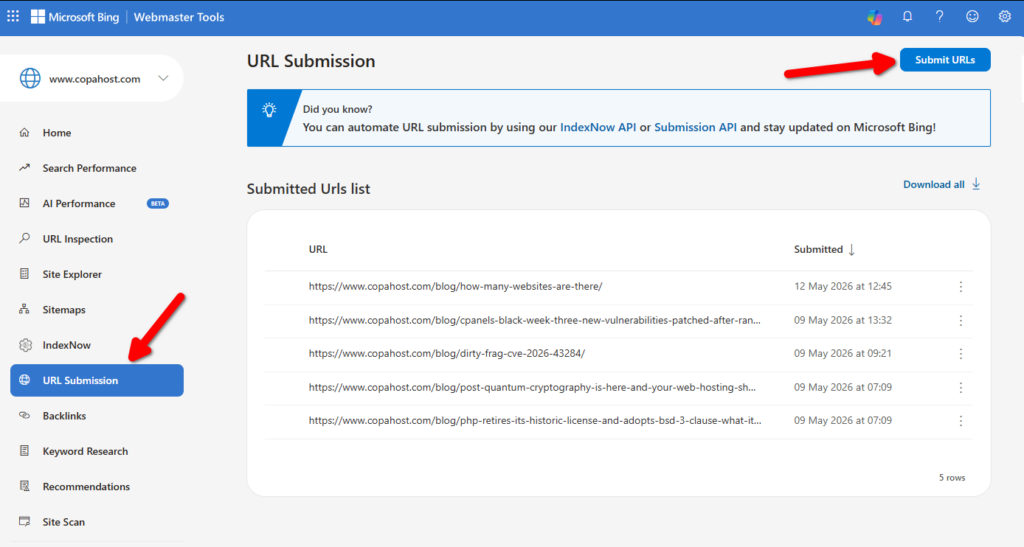 URL Submission to Bing Webmaster Tools