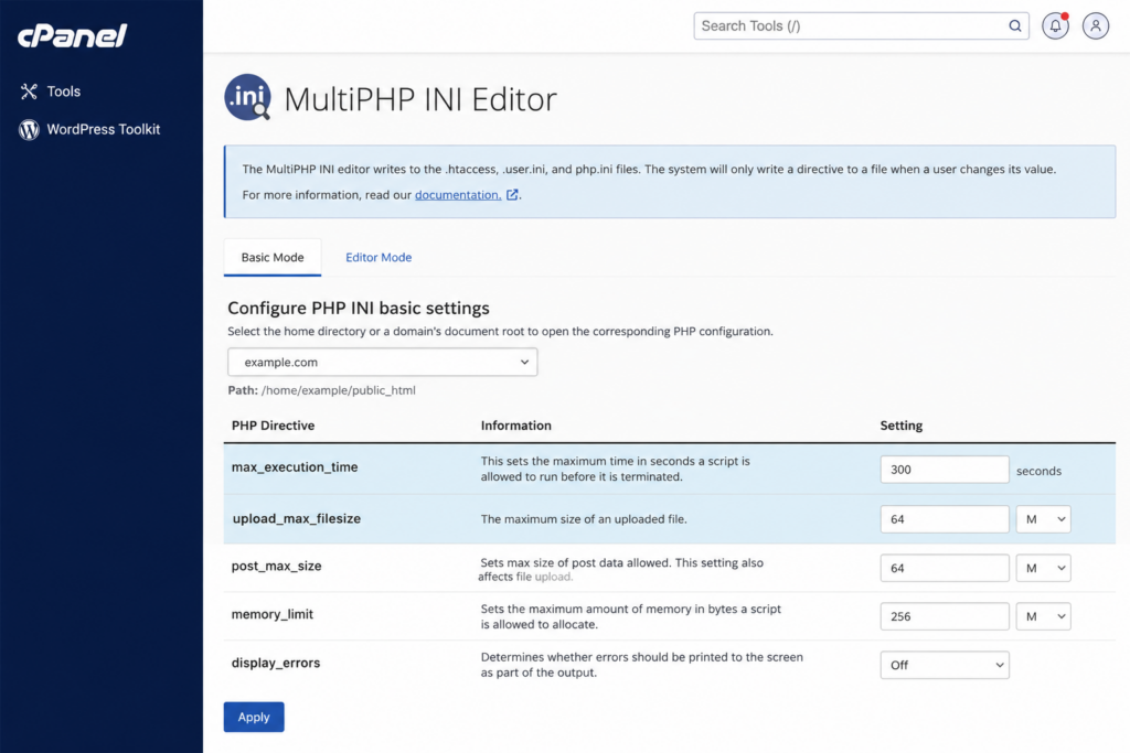 Adjusting max_execution_time and upload limits in the hosting PHP settings