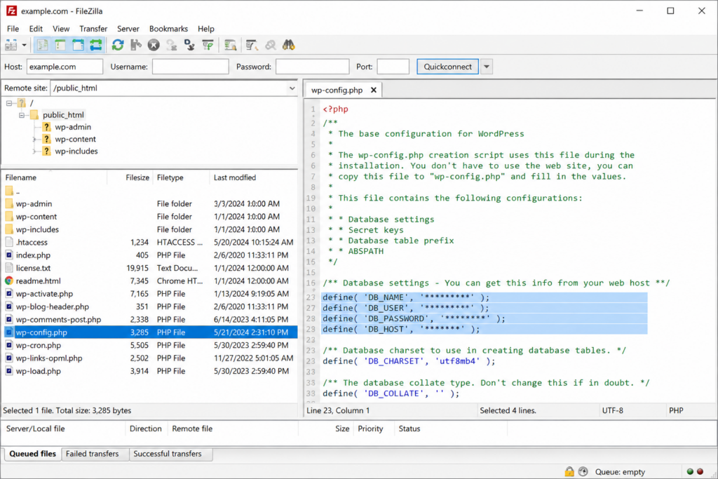 Checking database credentials in the wp-config php file