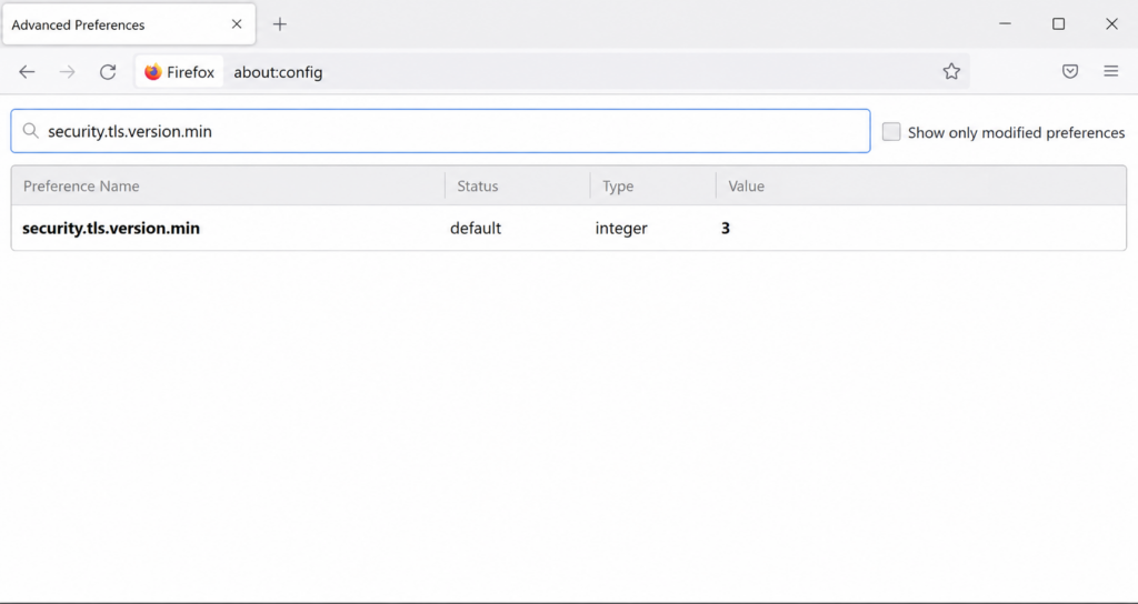 Checking the minimum TLS version in Firefox about:config