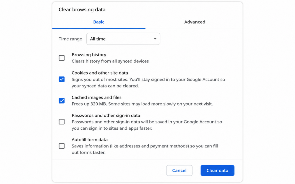 Clearing browser cache and cookies in Chrome to resolve the SSL connection error