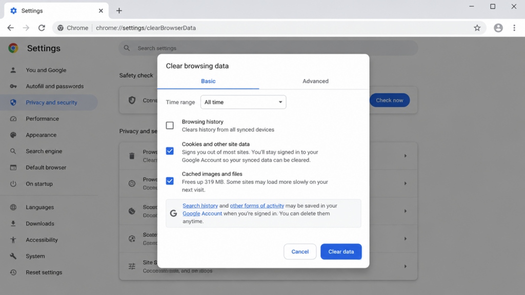 Clearing cached images and files in Chrome to fix ERR_CACHE_MISS