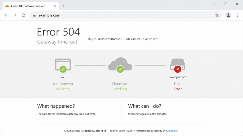 Cloudflare 504 Gateway Time-out error page showing a host error