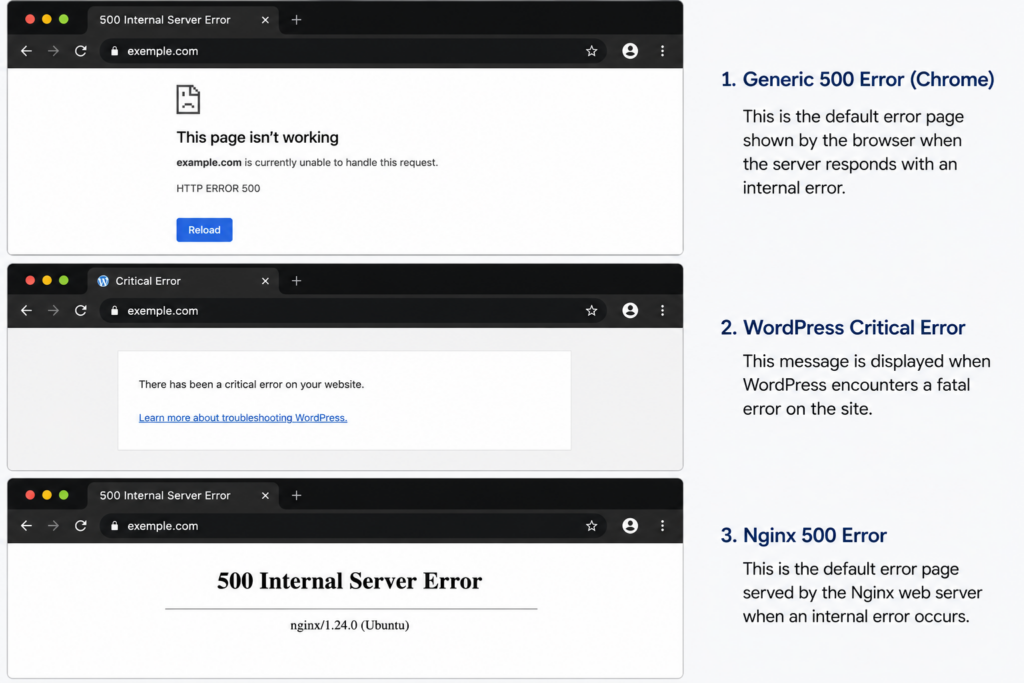 Different variations of the WordPress 500 internal server error