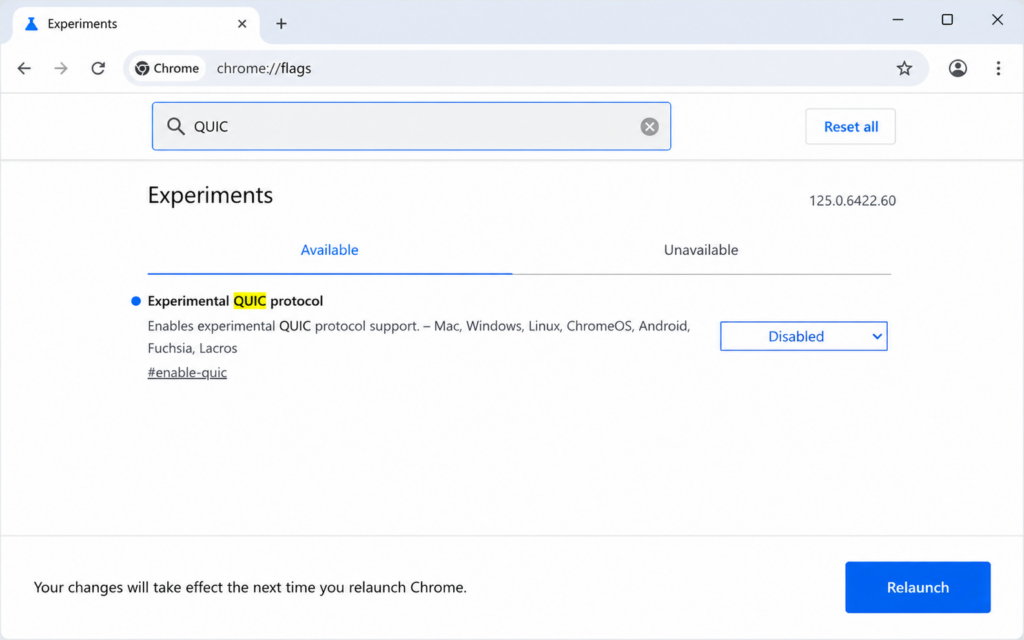 Disabling the experimental QUIC protocol in Chrome flags to fix ERR_SSL_PROTOCOL_ERROR