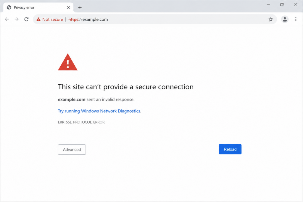 ERR_SSL_PROTOCOL_ERROR shown in Google Chrome