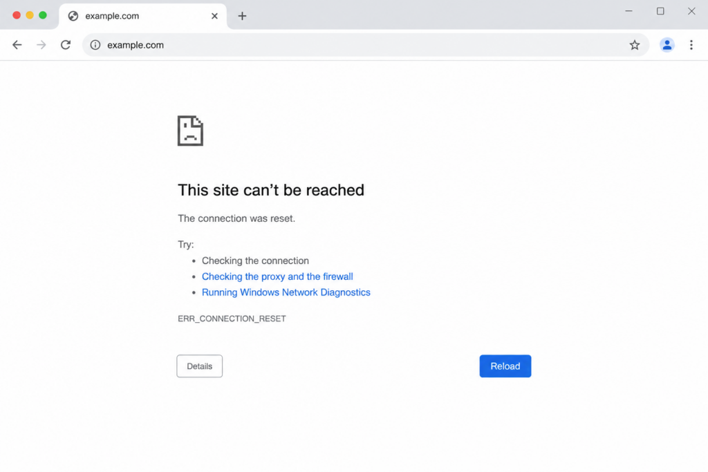 Google Chrome showing the ERR_CONNECTION_RESET error page "This site can't be reached - the connection was reset"