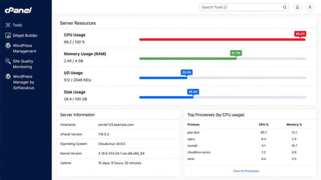 Hosting control panel showing CPU usage near its limit, a common cause of 504 errors