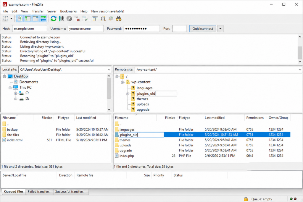 Renaming the plugins folder via FTP to deactivate all WordPress plugins
