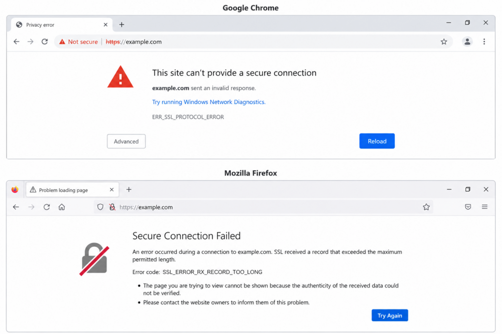 SSL connection error variations across different browsers