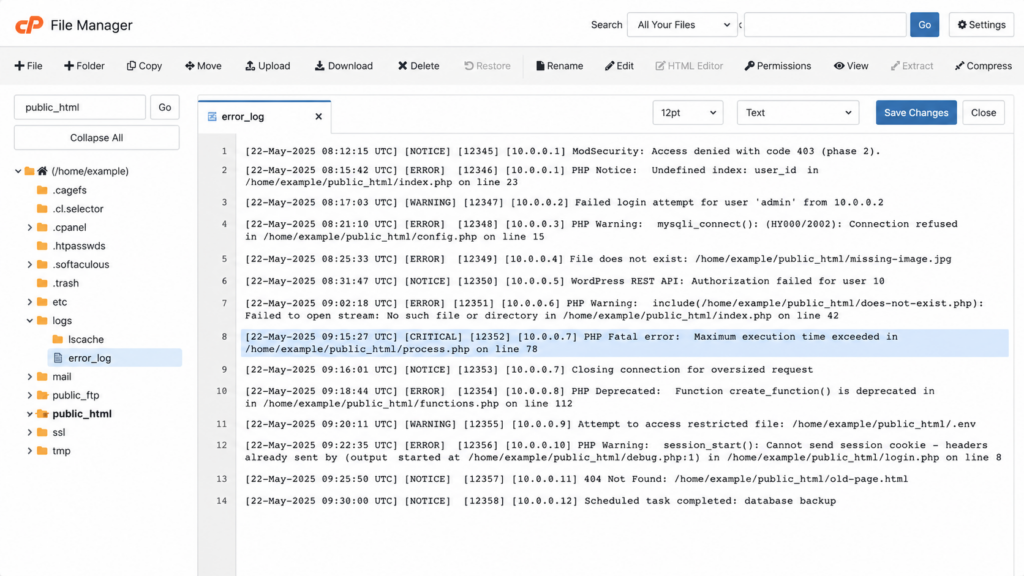 Server error log showing a PHP maximum execution time error behind a 504