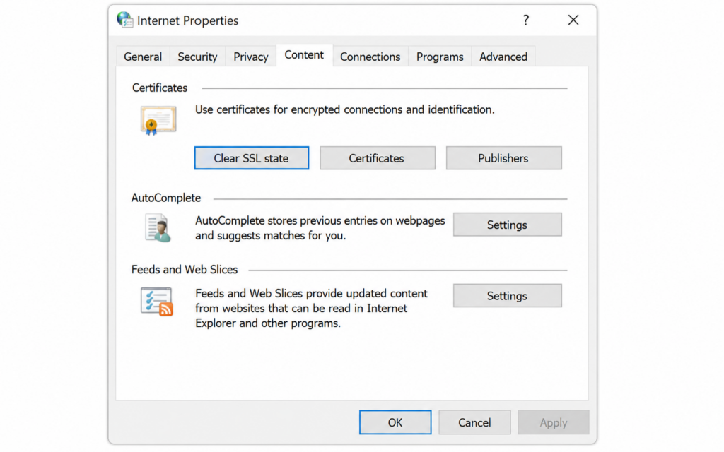 Windows Internet Properties dialog box, open on the Content tab, with a button labeled Clear SSL state