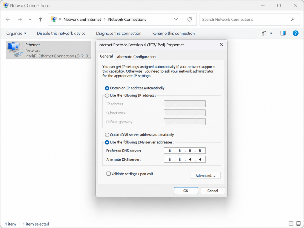 Setting Google public DNS 8.8.8.8 in Windows TCP/IPv4 properties to fix connection reset errors