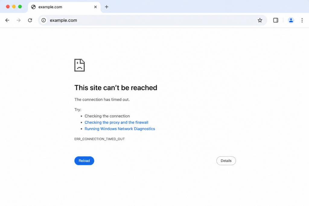 Google Chrome displaying the ERR_CONNECTION_TIMED_OUT error page