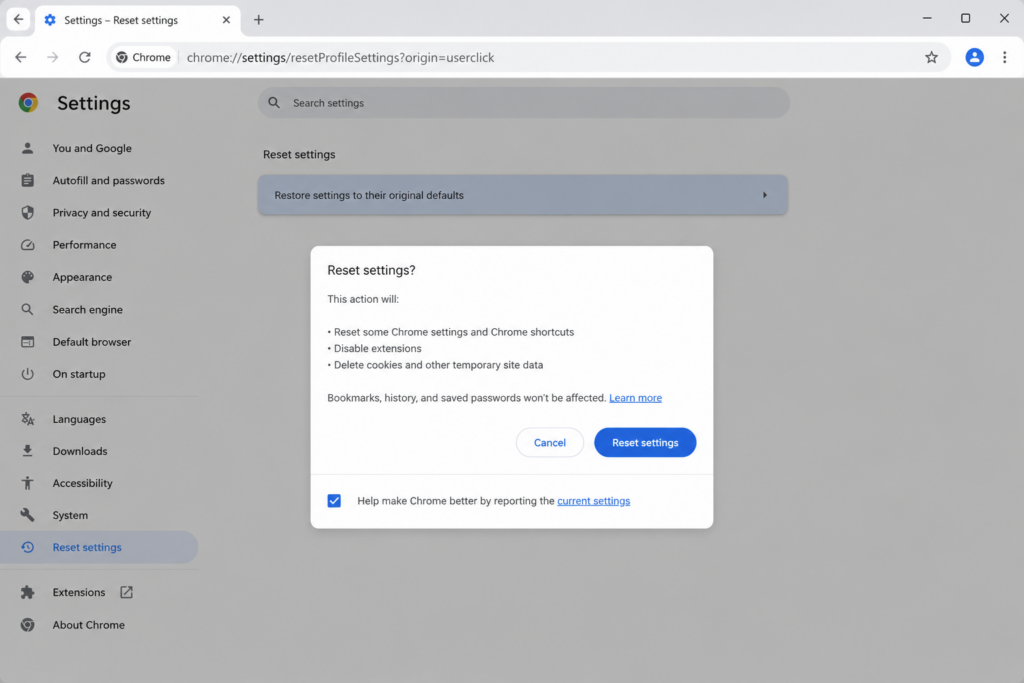 Resetting Google Chrome settings to default to fix ERR_CONNECTION_REFUSED