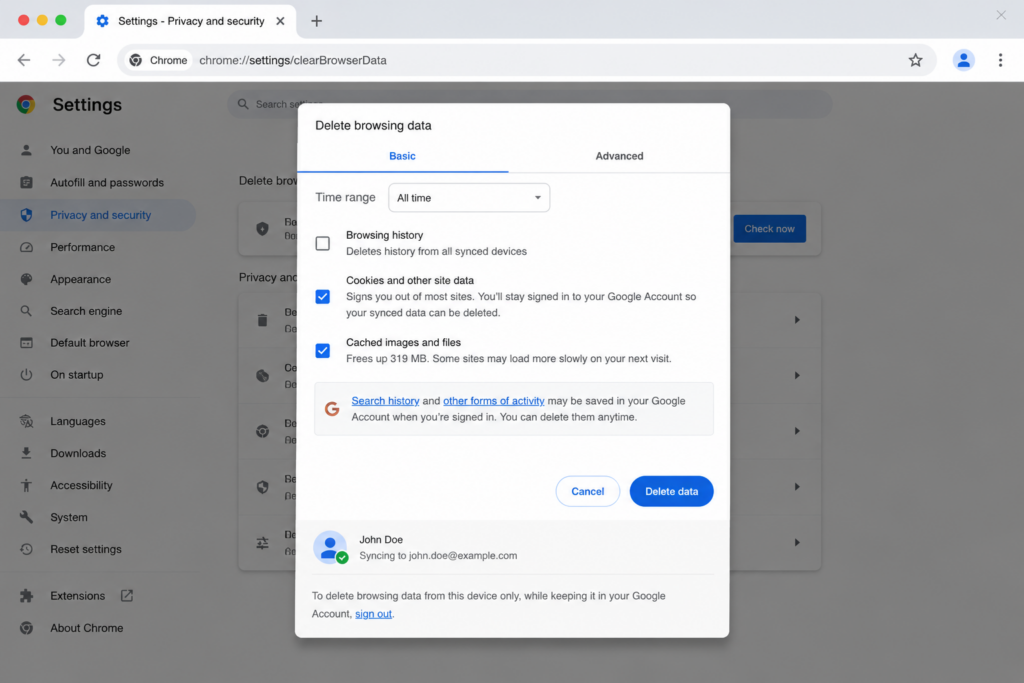 Chrome "Delete browsing data" dialog set to All time to clear cache and cookies and fix ERR_CONNECTION_RESET