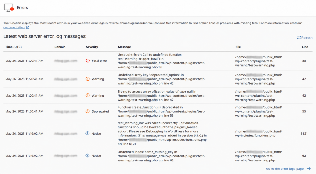 Viewing PHP errors in the cPanel Metrics Errors section