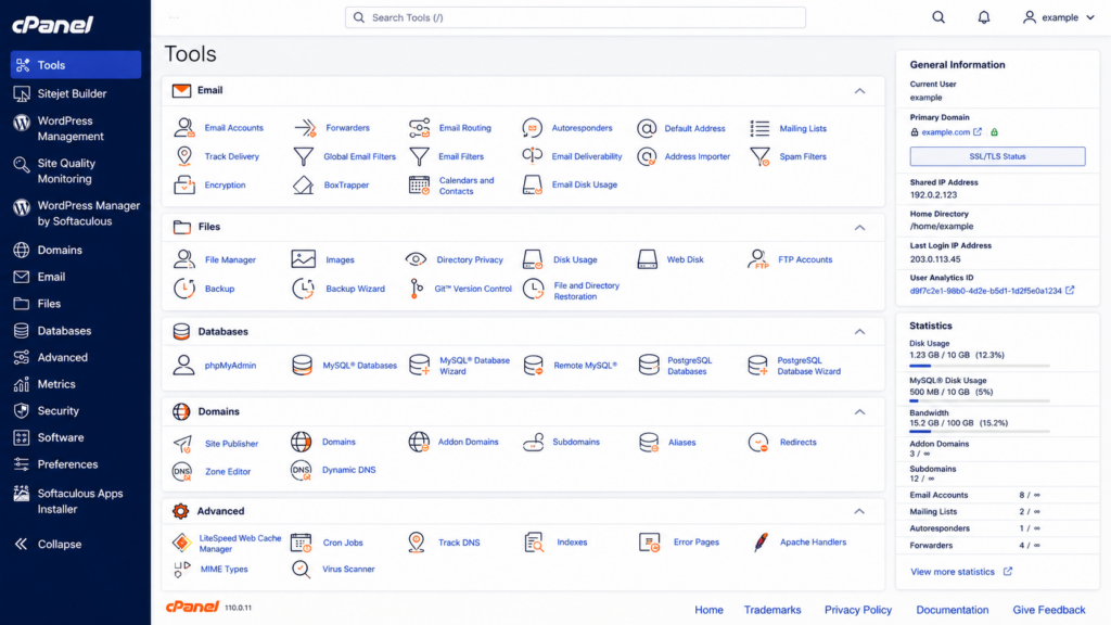 cPanel's feature-rich dashboard, organized into grouped sections