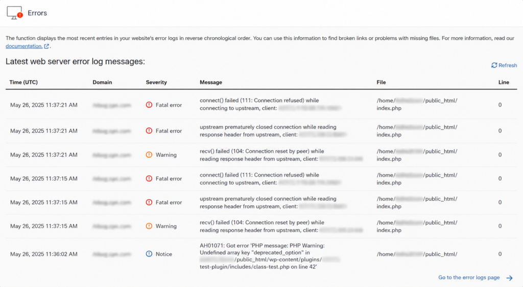 Checking server error logs in the cPanel Metrics Errors section