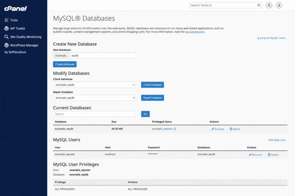 cPanel MySQL Databases screen showing the database name and user with all privileges