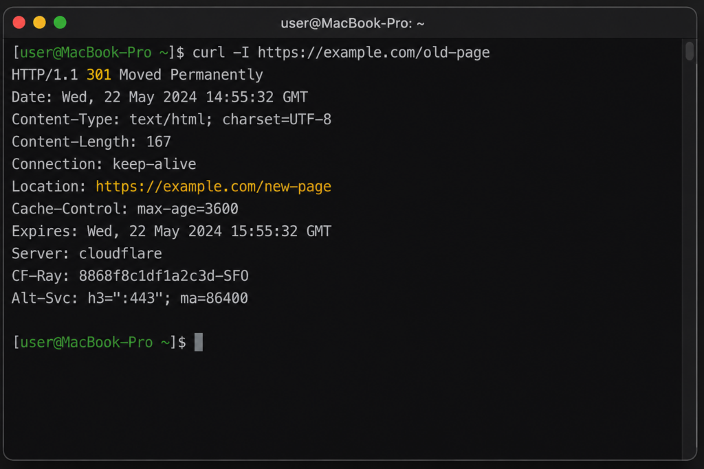 Terminal showing curl -I returning HTTP 301 Moved Permanently with a Location header
