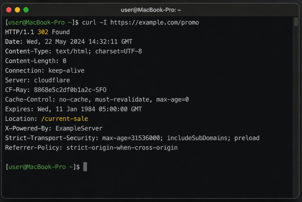 Terminal showing curl -I returning HTTP 302 Found with a Location header