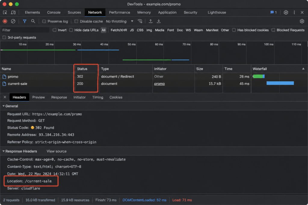 Chrome DevTools Network tab showing a 302 redirect followed by a 200 response