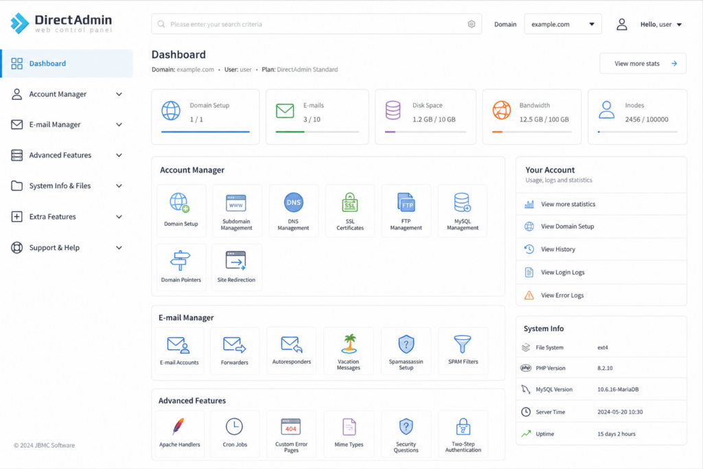 DirectAdmin's clean, lightweight dashboard