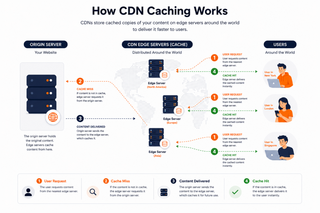 How CDN caching works: origin server, edge servers, and users