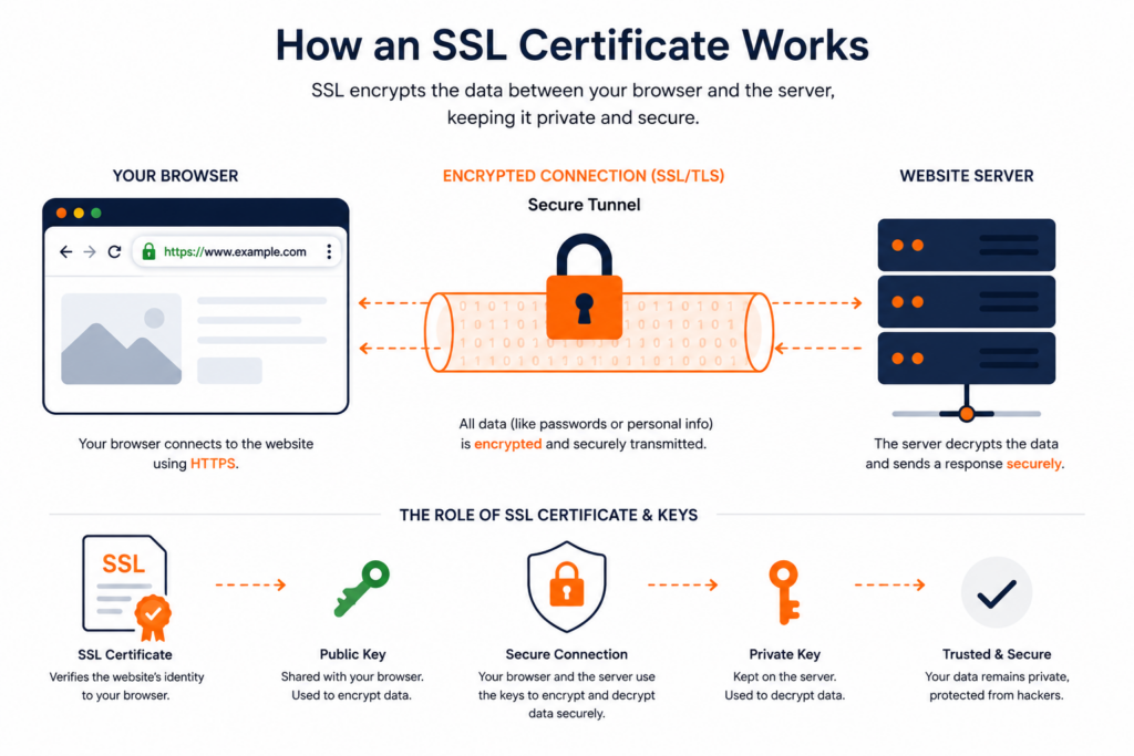 How an SSL certificate encrypts data between browser and server