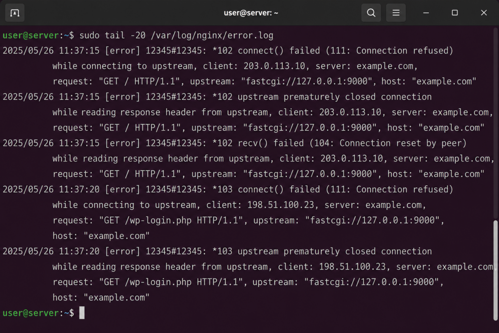 Nginx error log showing a 502 upstream connection entry