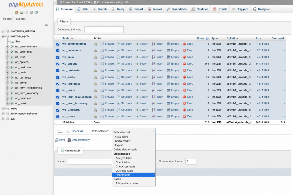 Repairing corrupted WordPress tables in phpMyAdmin using the Repair table option