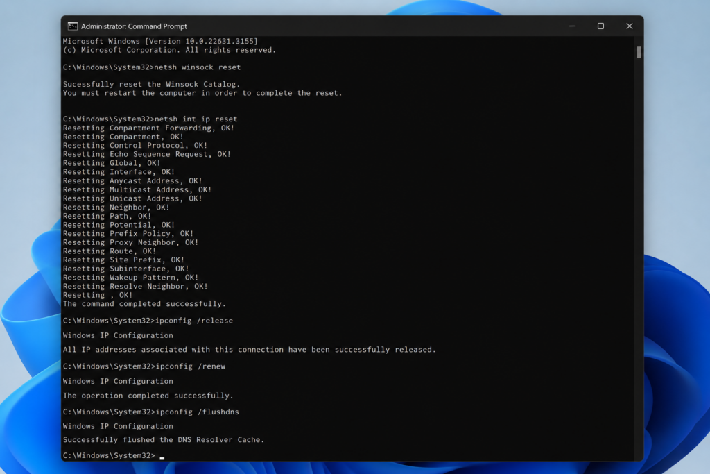 Windows Command Prompt resetting the TCP/IP stack and Winsock with netsh and ipconfig commands