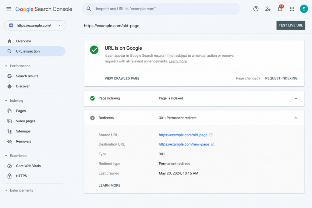 Search Console showing a URL with a 301 permanent redirect to its new address