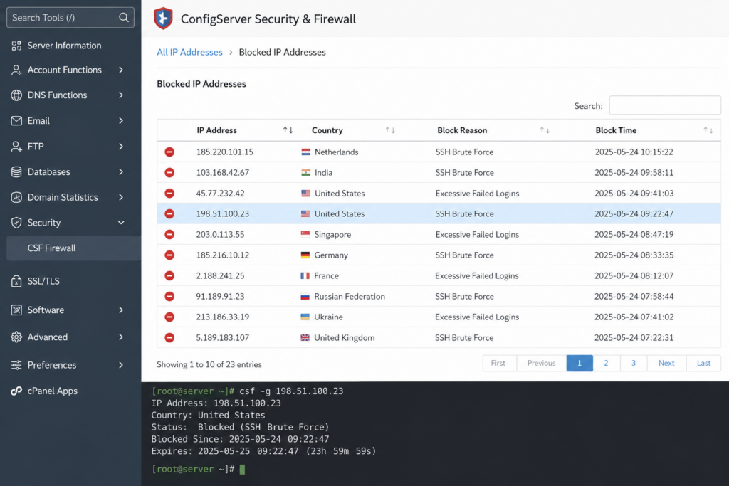 Server firewall showing a banned IP address that can cause connection refused for visitors