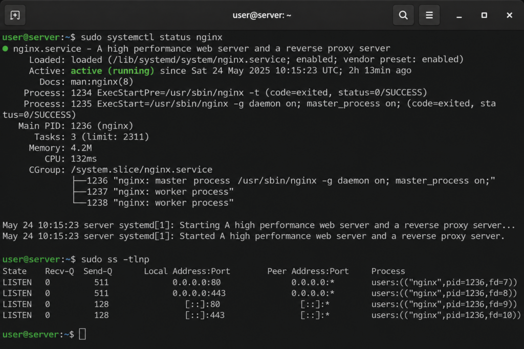 Linux terminal showing the web service running and ports 80 and 443 listening