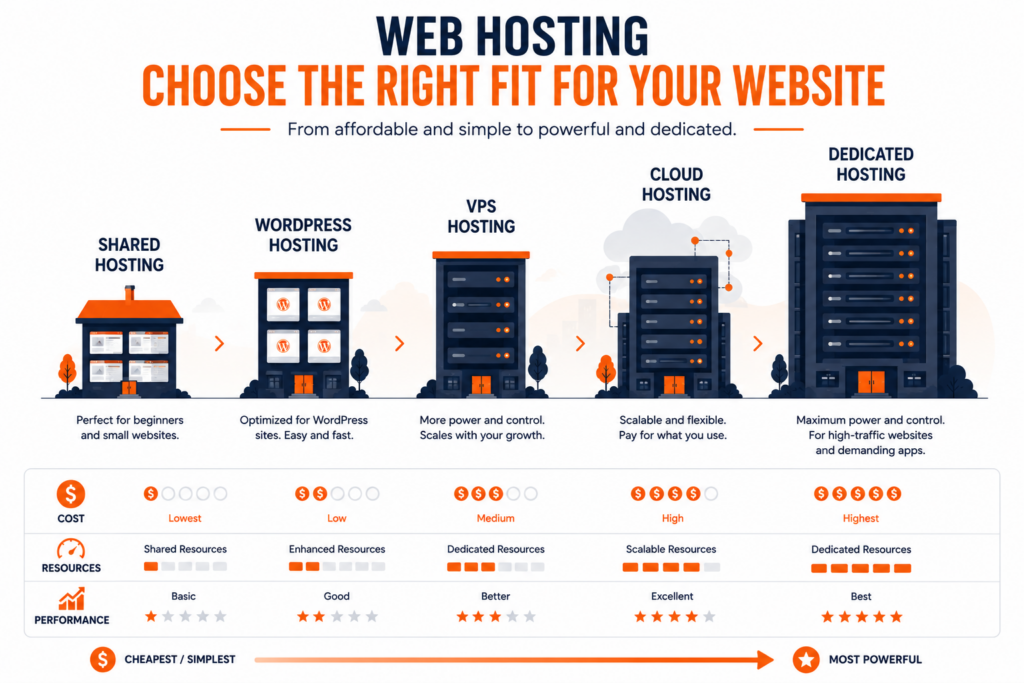 Shared hosting compared to VPS, cloud, dedicated, and WordPress