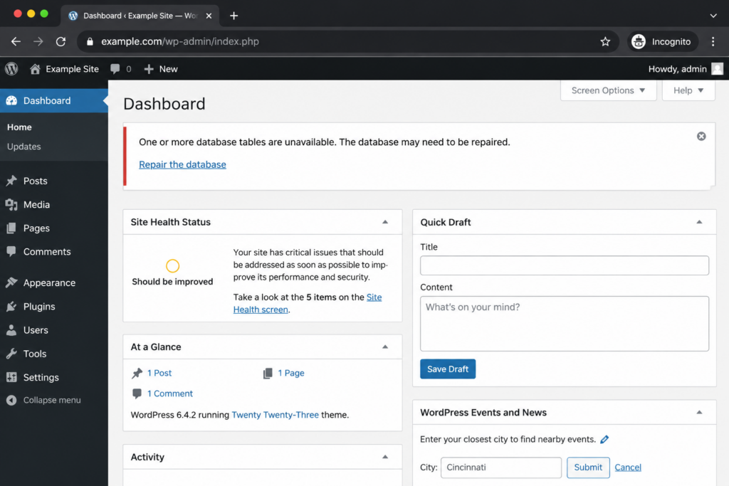 WordPress dashboard message One or more database tables are unavailable indicating database corruption