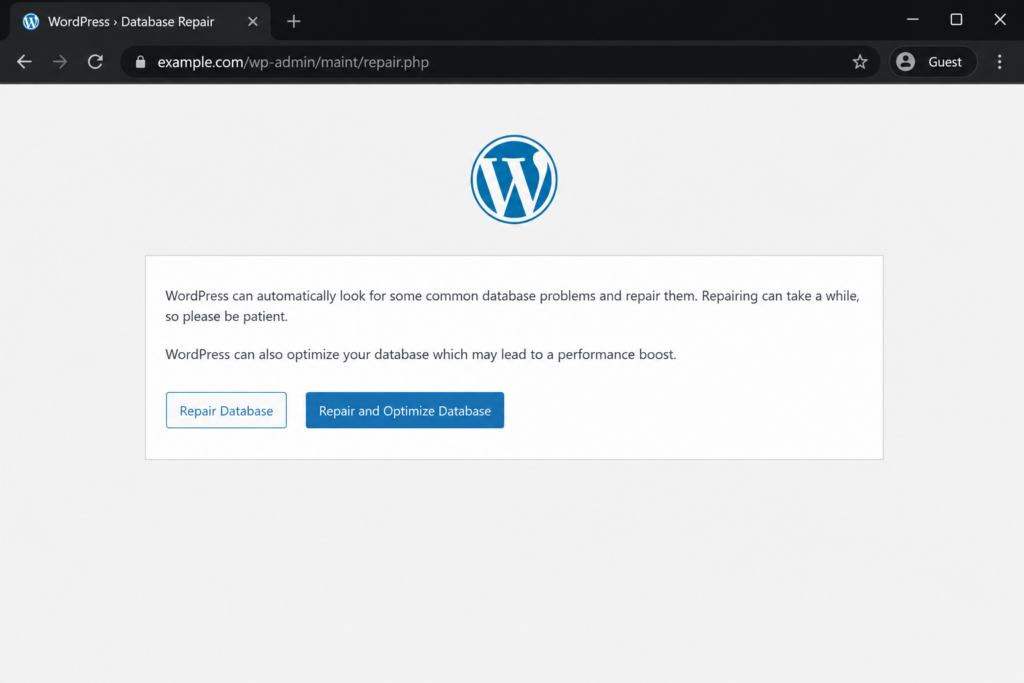 WordPress built-in database repair tool with Repair Database and Repair and Optimize options