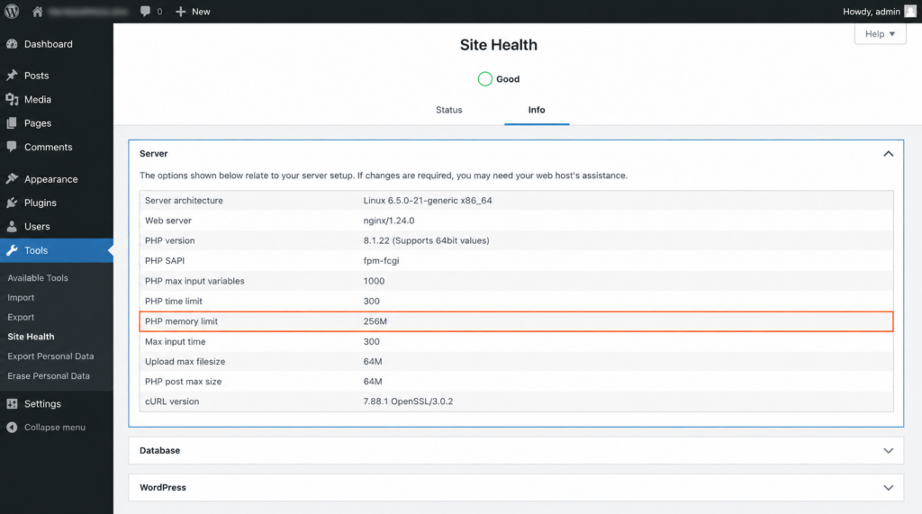 PHP memory limit shown in WordPress Site Health Info