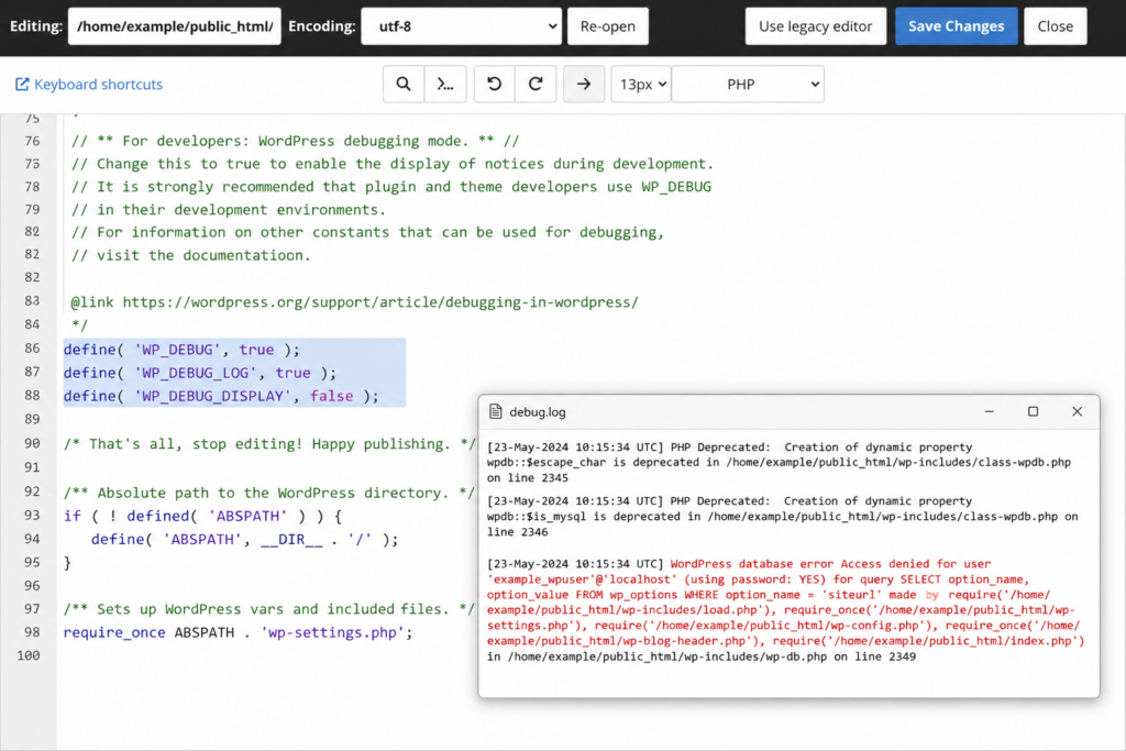 Enabling WP_DEBUG in wp-config.php to reveal the real database error in debug.log