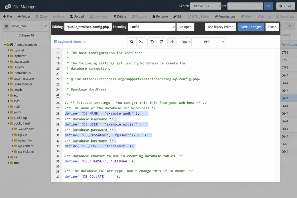 Database credentials DB_NAME, DB_USER, DB_PASSWORD and DB_HOST in the wp-config.php file