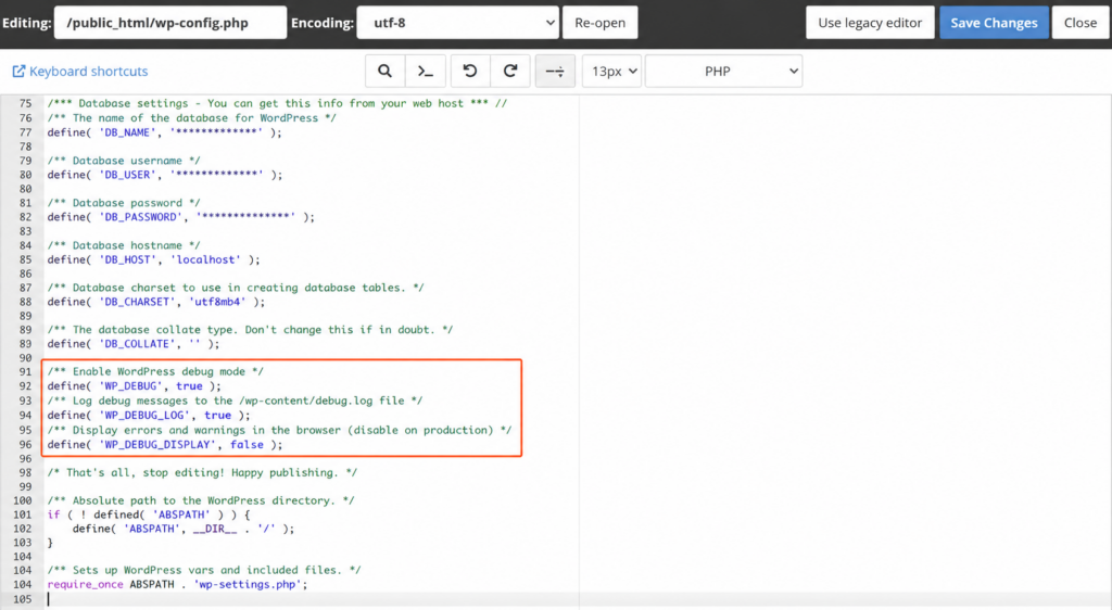WP_DEBUG settings added to the wp-config.php file